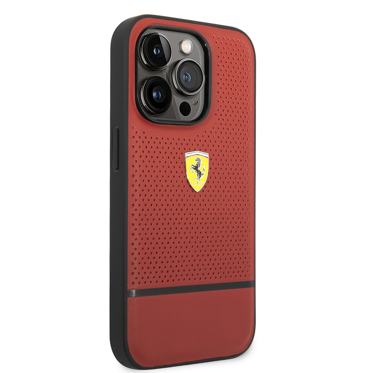 Apple iPhone 14 Pro Kılıf Ferrari Orjinal Lisanslı Deri Delikli Ve Çizgili Dizayn Kapak - Kırmızı