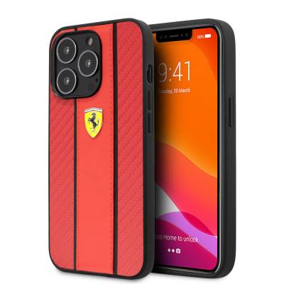 Apple iPhone 14 Pro Kılıf Ferrari PU Deri Ve Karbon Dizayn Kapak - Ferrari
