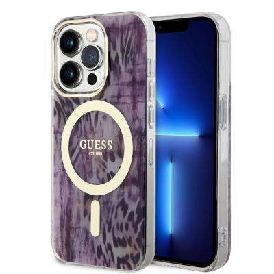 Apple iPhone 14 Pro Kılıf GUESS M-safe Şarj Özellikli Leopar Desenli Kapak - Guess