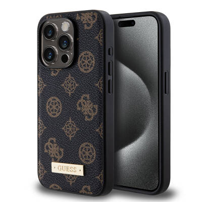 Apple iPhone 14 Pro Kılıf Guess M-safe Şarj Özellikli PU Deri Desenli Metal Plaka Logolu Kapak - Guess