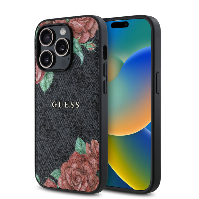 Apple iPhone 14 Pro Kılıf Guess Orjinal Lisanslı M-safe Şarj Özellikli Gül Baskılı 4G Desenli Yazı Logolu Kapak - Guess