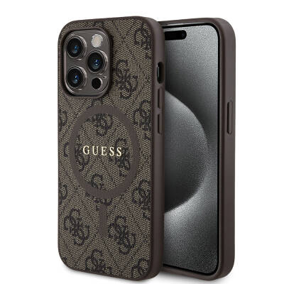Apple iPhone 14 Pro Kılıf Guess Orjinal Lisanslı M-safe Şarj Özellikli PU Halkalı 4G Desenli Yazı Logolu Kapak - Guess
