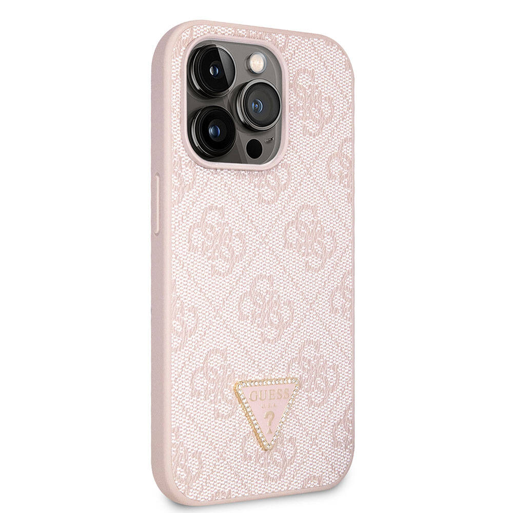 Apple iPhone 14 Pro Kılıf Guess Orjinal Lisanslı PU Deri Taşlı Üçgen Logo 4G Desenli Kapak - Pembe