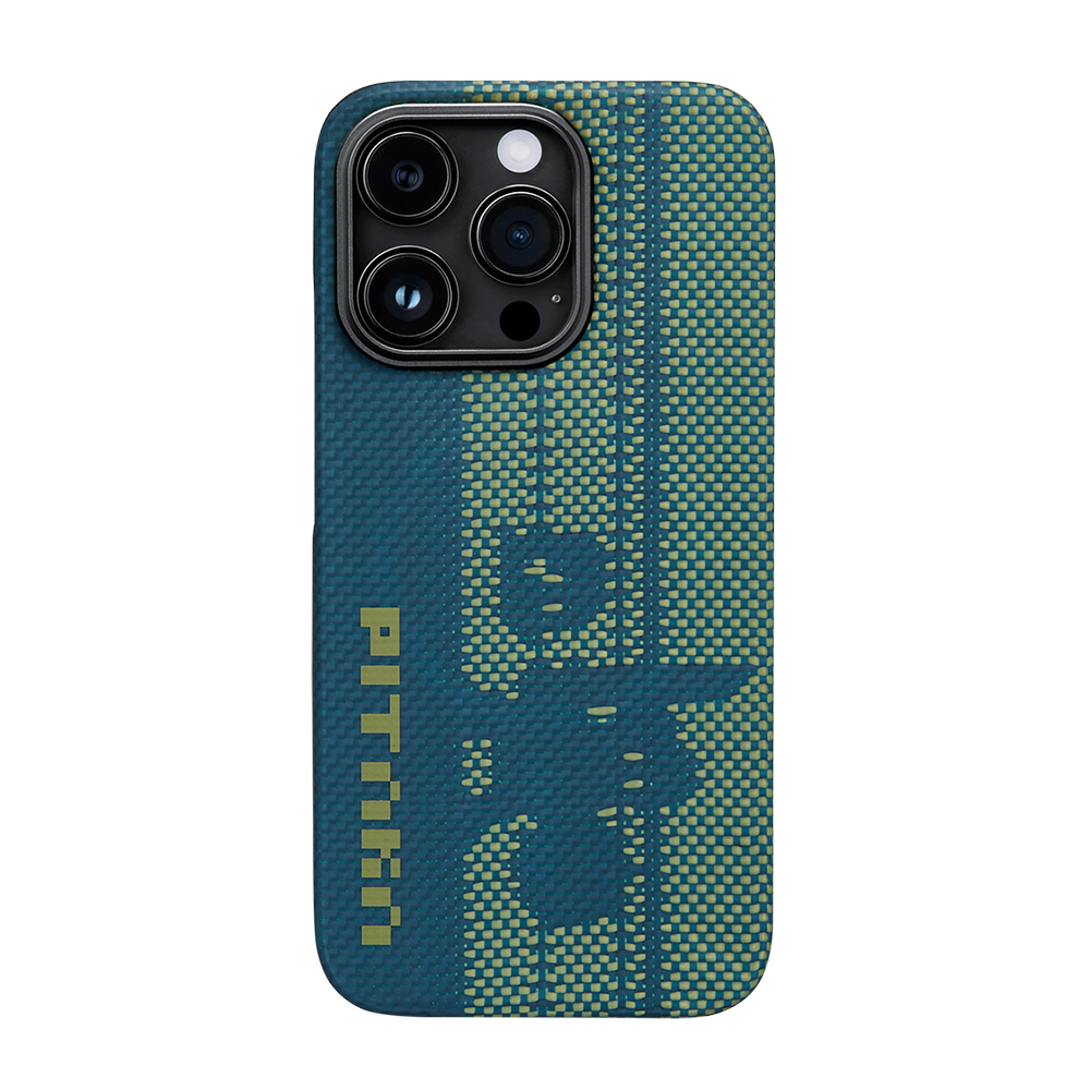 Apple iPhone 14 Pro Kılıf M-safe Şarj Özellikli Aramid Fiber Pitaka Tactile Woven Pixel Game Kapak - Yeşil-Mavi