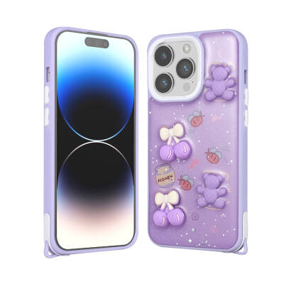 Apple iPhone 14 Pro Kılıf Parlayan Simli Kabartma Figürlü Zore Cevze Kapak - Zore