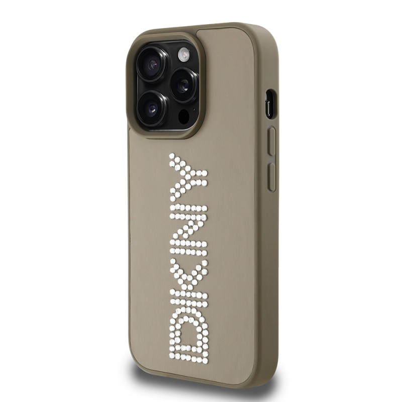 Apple iPhone 14 Pro Max Case DKNY Original Licensed Stone DKNY Written Metallic Rhinestones PU Leather Cover - 5