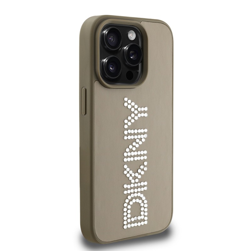 Apple iPhone 14 Pro Max Case DKNY Original Licensed Stone DKNY Written Metallic Rhinestones PU Leather Cover - 6