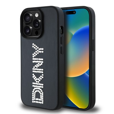Apple iPhone 14 Pro Max Case DKNY Original Licensed Stone DKNY Written Metallic Rhinestones PU Leather Cover - 11