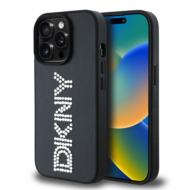 Apple iPhone 14 Pro Max Case DKNY Original Licensed Stone DKNY Written Metallic Rhinestones PU Leather Cover - 11