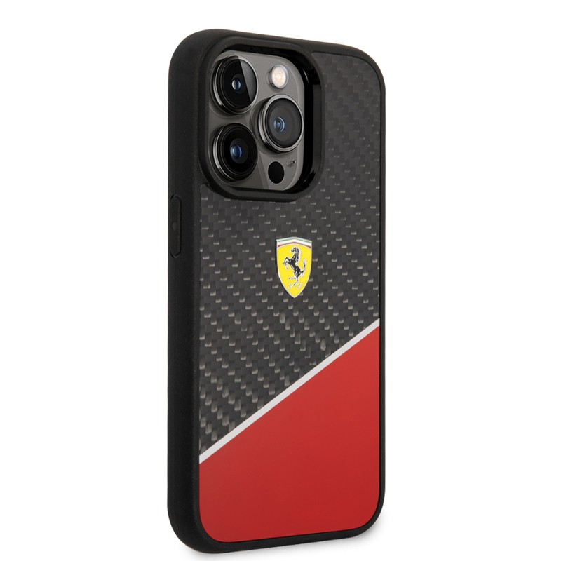 Apple iPhone 14 Pro Max Case Ferrari Original Licensed Classic Metal Logo Carbon Strip Pattern Cover - 6