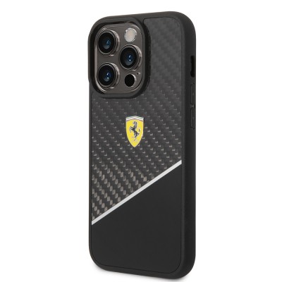 Apple iPhone 14 Pro Max Case Ferrari Original Licensed Classic Metal Logo Carbon Strip Pattern Cover - 11