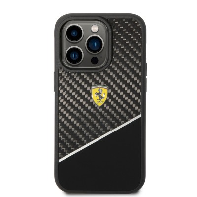 Apple iPhone 14 Pro Max Case Ferrari Original Licensed Classic Metal Logo Carbon Strip Pattern Cover - 12