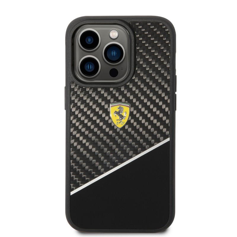 Apple iPhone 14 Pro Max Case Ferrari Original Licensed Classic Metal Logo Carbon Strip Pattern Cover - 12