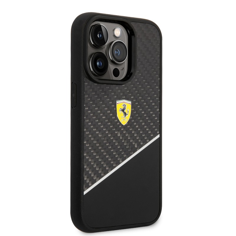 Apple iPhone 14 Pro Max Case Ferrari Original Licensed Classic Metal Logo Carbon Strip Pattern Cover - 13