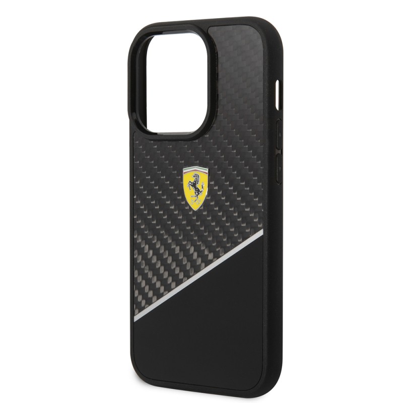 Apple iPhone 14 Pro Max Case Ferrari Original Licensed Classic Metal Logo Carbon Strip Pattern Cover - 14