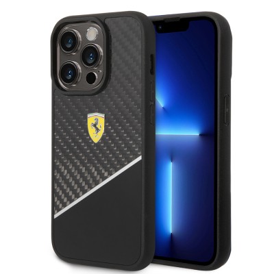 Apple iPhone 14 Pro Max Case Ferrari Original Licensed Classic Metal Logo Carbon Strip Pattern Cover - 2
