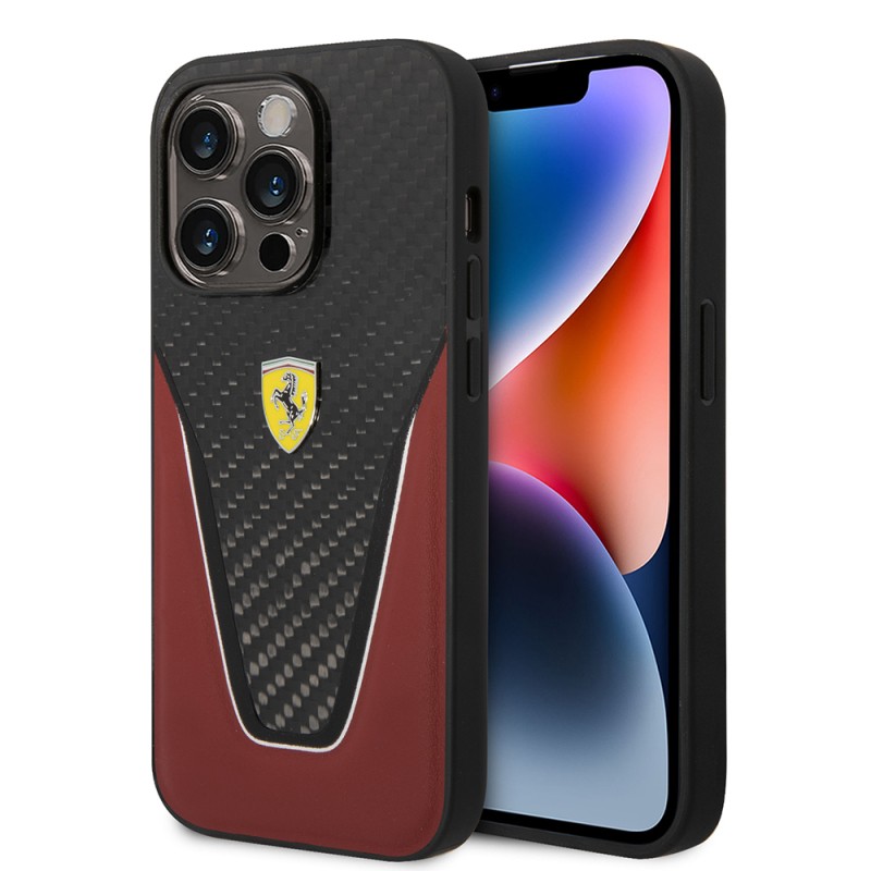 Apple iPhone 14 Pro Max Case Ferrari Original Licensed Classic Metal Logo Carbon V Patterned Cover - 1