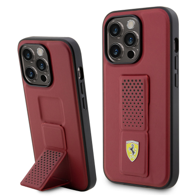 Apple iPhone 14 Pro Max Case Ferrari Original Licensed Classic Metal Logo Leather Cover Perforated Stand - Ferrari