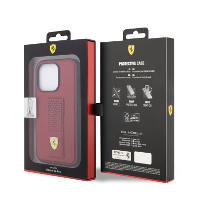Apple iPhone 14 Pro Max Case Ferrari Original Licensed Classic Metal Logo Leather Cover Perforated Stand - 9