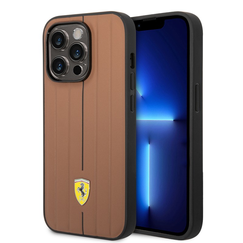 Apple iPhone 14 Pro Max Case Ferrari Original Licensed Leather Back Surface Metal Logo Stripe Design Cover - 1