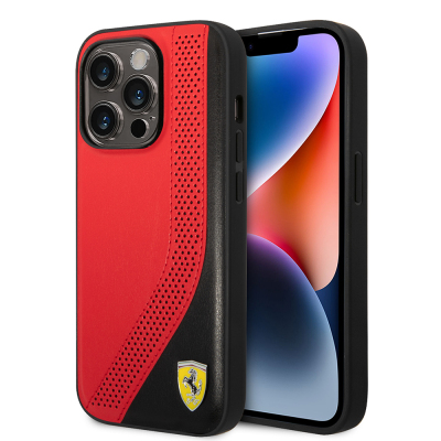 Apple iPhone 14 Pro Max Case Ferrari Original Licensed Metal Logo Leather Perforated Stitched Design Cover - Ferrari