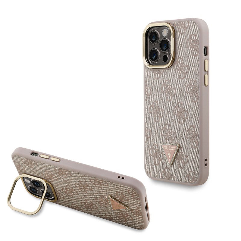 Apple iPhone 14 Pro Max Case Guess Original Licensed PU Leather Stone Triangle Logo 4G Patterned Camera Stand Cover - 1