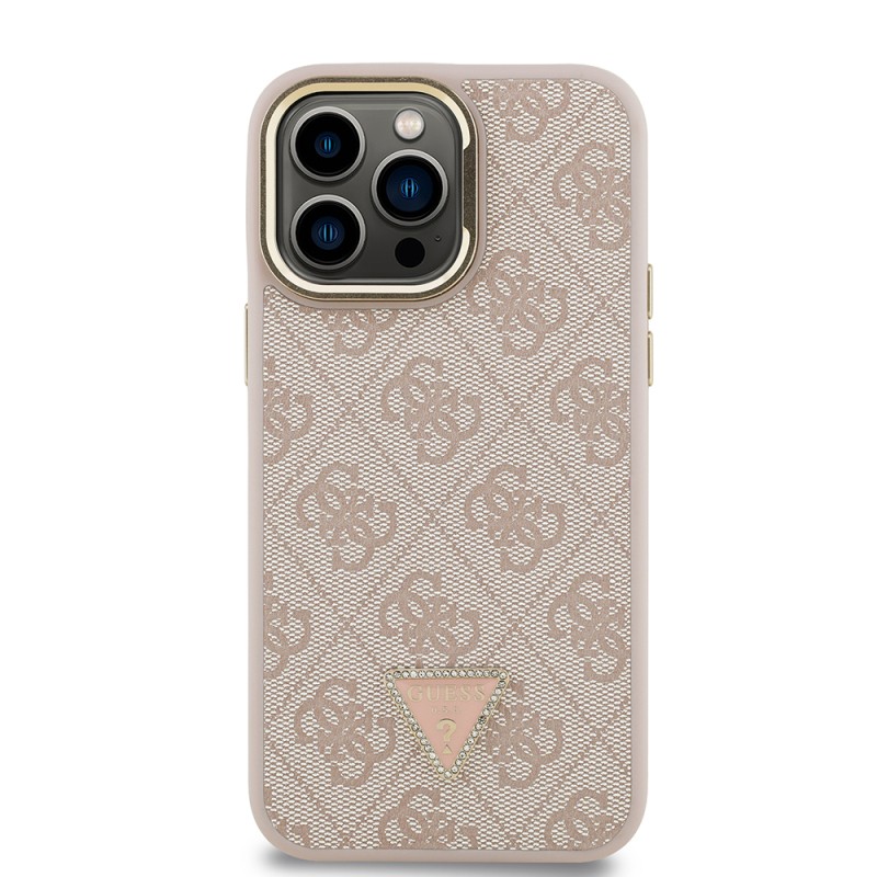 Apple iPhone 14 Pro Max Case Guess Original Licensed PU Leather Stone Triangle Logo 4G Patterned Camera Stand Cover - 6