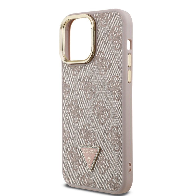 Apple iPhone 14 Pro Max Case Guess Original Licensed PU Leather Stone Triangle Logo 4G Patterned Camera Stand Cover - 9