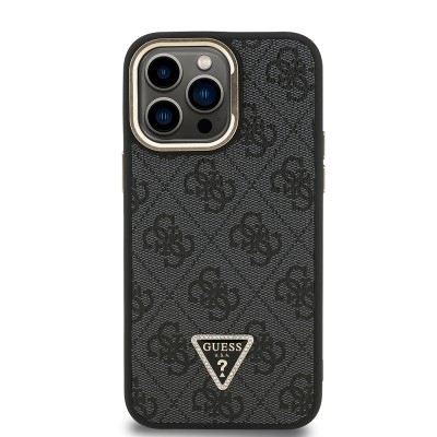 Apple iPhone 14 Pro Max Case Guess Original Licensed PU Leather Stone Triangle Logo 4G Patterned Camera Stand Cover - 13