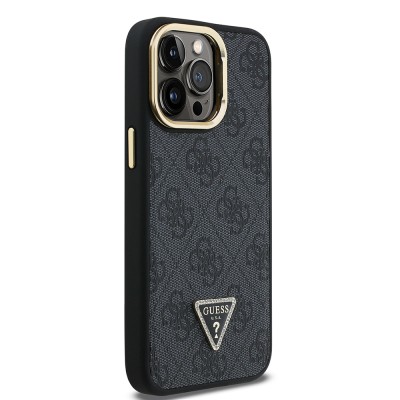 Apple iPhone 14 Pro Max Case Guess Original Licensed PU Leather Stone Triangle Logo 4G Patterned Camera Stand Cover - 14