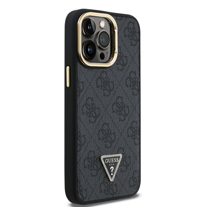 Apple iPhone 14 Pro Max Case Guess Original Licensed PU Leather Stone Triangle Logo 4G Patterned Camera Stand Cover - 14