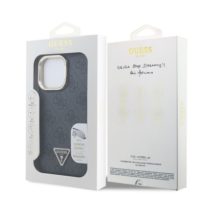 Apple iPhone 14 Pro Max Case Guess Original Licensed PU Leather Stone Triangle Logo 4G Patterned Camera Stand Cover - 18
