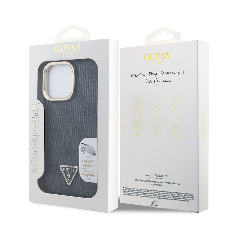 Apple iPhone 14 Pro Max Case Guess Original Licensed PU Leather Stone Triangle Logo 4G Patterned Camera Stand Cover - 18