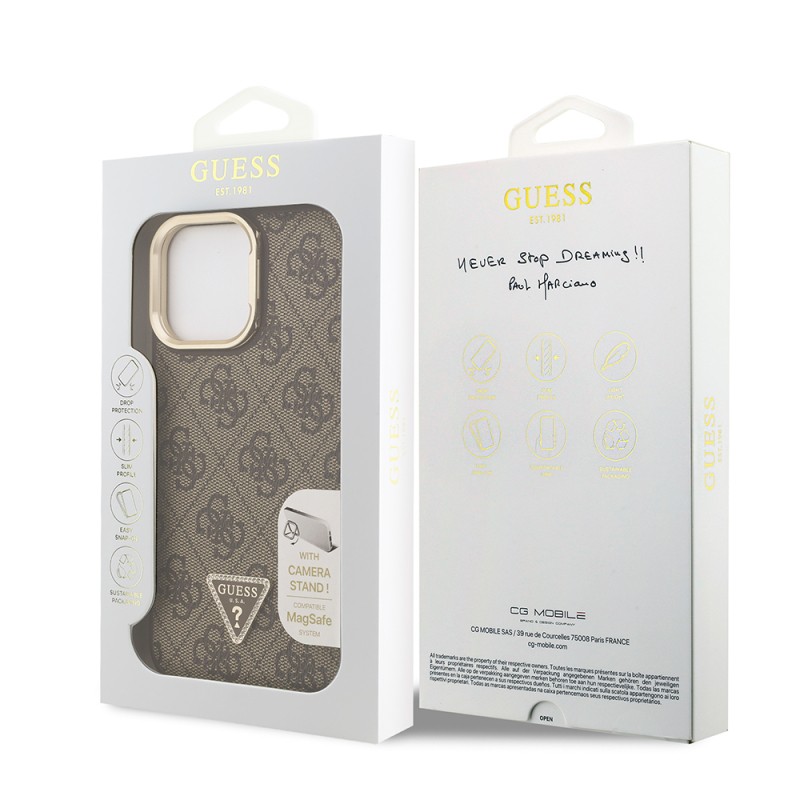 Apple iPhone 14 Pro Max Case Guess Original Licensed PU Leather Stone Triangle Logo 4G Patterned Camera Stand Cover - 25