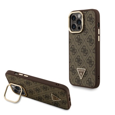 Apple iPhone 14 Pro Max Case Guess Original Licensed PU Leather Stone Triangle Logo 4G Patterned Camera Stand Cover - 4