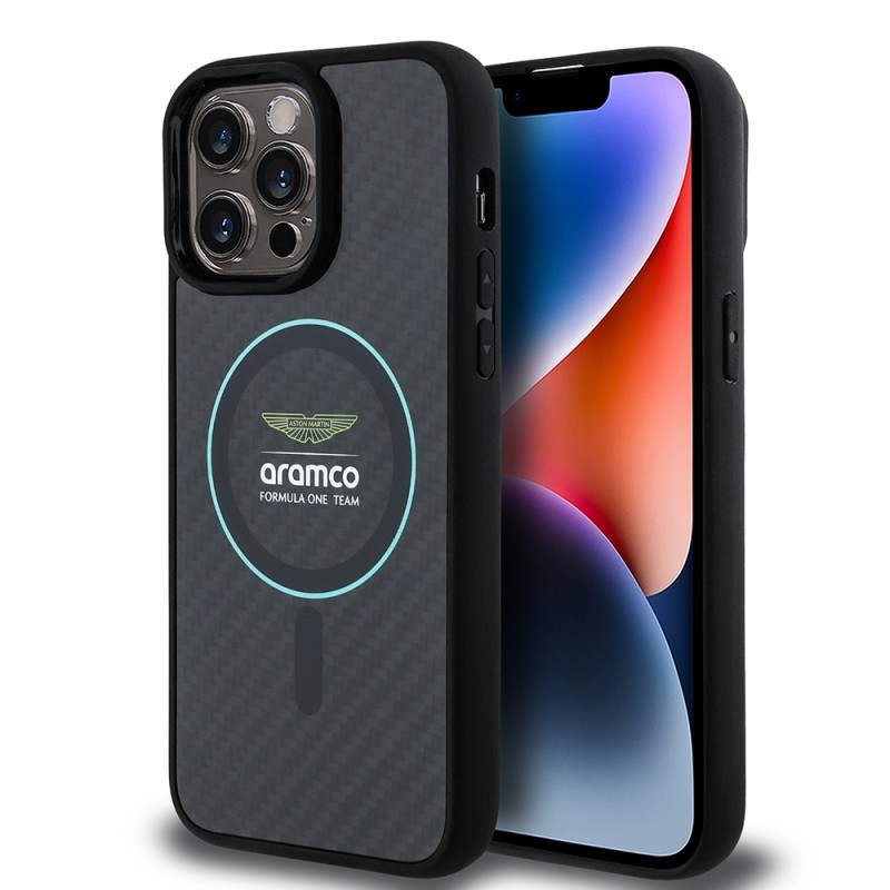 Apple iPhone 14 Pro Max Kılıf Aston Martin Orjinal Lisanslı M-safe Şarj Özellikli Renkli Halka ve Karbon Fiber Tasarımlı Kapak - 8