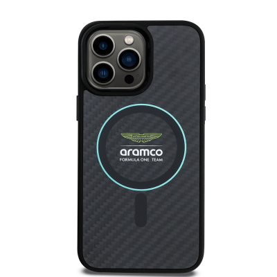 Apple iPhone 14 Pro Max Kılıf Aston Martin Orjinal Lisanslı M-safe Şarj Özellikli Renkli Halka ve Karbon Fiber Tasarımlı Kapak - Aston Martin