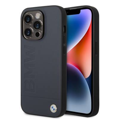 Apple iPhone 14 Pro Max Kılıf BMW M-safe Şarj Özellikli Deri Sıcak Mühür Baskılı Logo Dizayn Kapak - BMW
