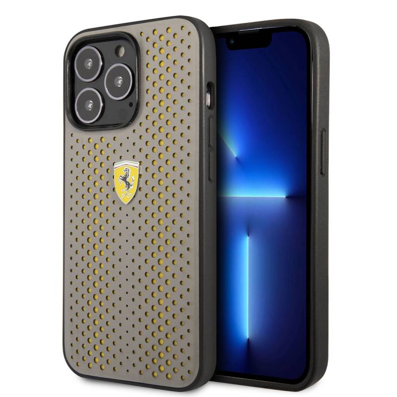 Apple iPhone 14 Pro Max Kılıf Ferrari Deri Sarı Noktalı Dizayn Kapak - 1