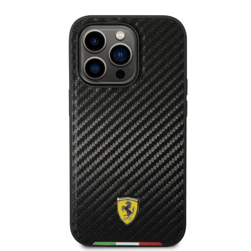 Apple iPhone 14 Pro Max Kılıf Ferrari M-safe Şarj Özellikli Karbon İtalyan Bayrak Dizayn Kapak - 4