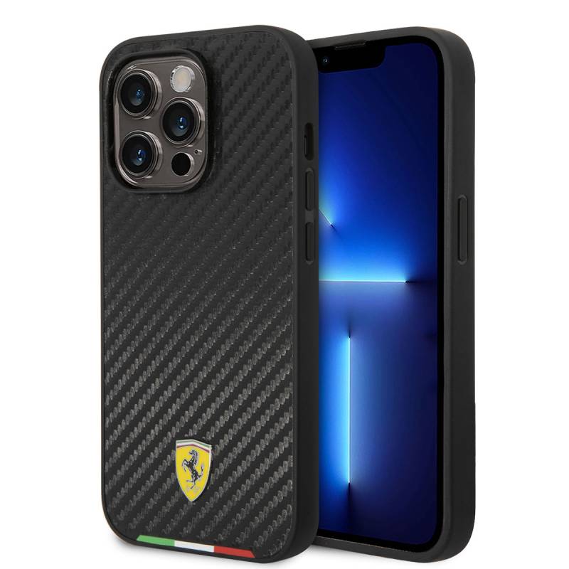 Apple iPhone 14 Pro Max Kılıf Ferrari M-safe Şarj Özellikli Karbon İtalyan Bayrak Dizayn Kapak - 1