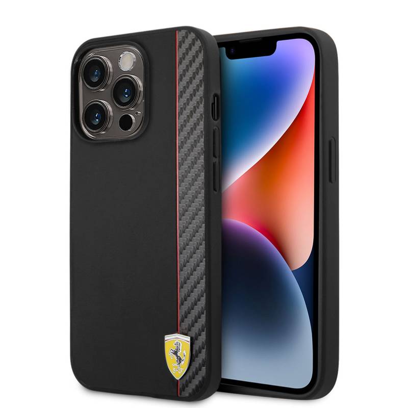 Apple iPhone 14 Pro Max Kılıf Ferrari M-safe Şarj Özellikli Pu Deri Ve Karbon Şeritli Dizayn Kapak - 1