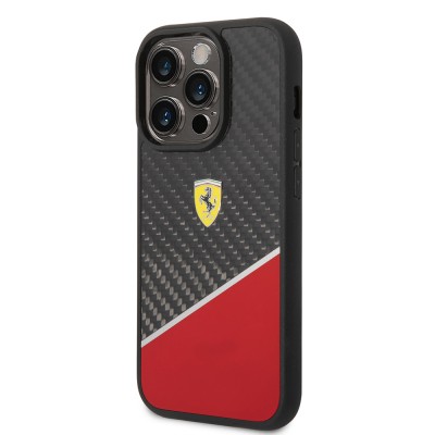 Apple iPhone 14 Pro Max Kılıf Ferrari Orjinal Lisanlı Klasik Metal Logolu Karbon Şerit Desenli Kapak - 5