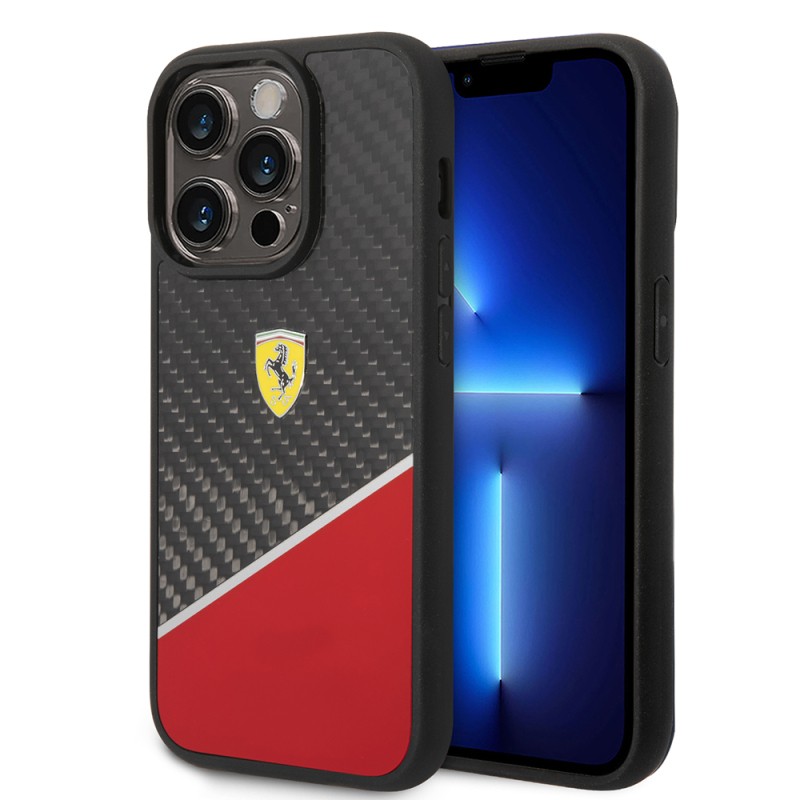 Apple iPhone 14 Pro Max Kılıf Ferrari Orjinal Lisanlı Klasik Metal Logolu Karbon Şerit Desenli Kapak - 3