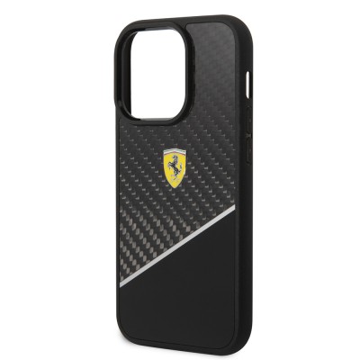 Apple iPhone 14 Pro Max Kılıf Ferrari Orjinal Lisanlı Klasik Metal Logolu Karbon Şerit Desenli Kapak - 14