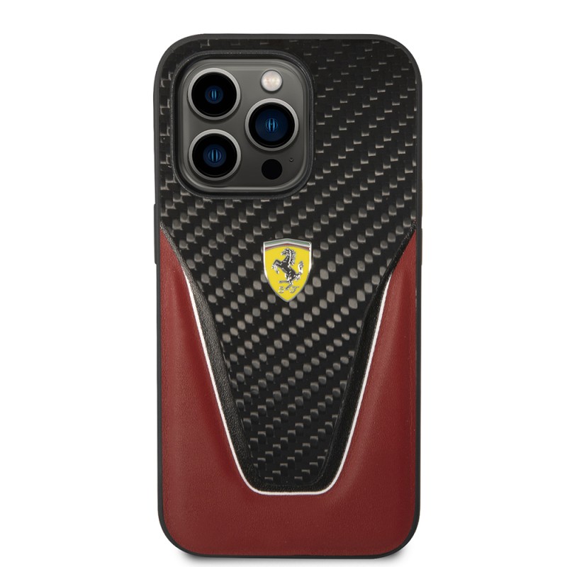 Apple iPhone 14 Pro Max Kılıf Ferrari Orjinal Lisanlı Klasik Metal Logolu Karbon V Desenli Kapak - 4