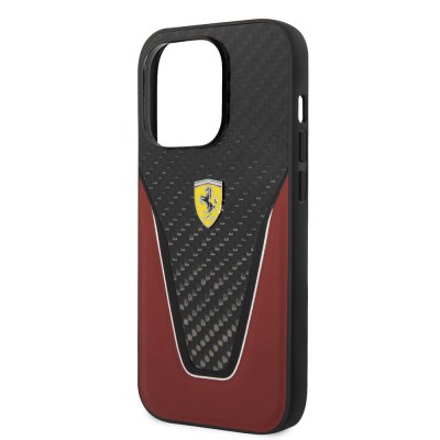Apple iPhone 14 Pro Max Kılıf Ferrari Orjinal Lisanlı Klasik Metal Logolu Karbon V Desenli Kapak - 7
