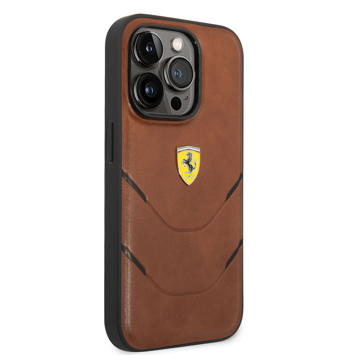 Apple iPhone 14 Pro Max Kılıf Ferrari Orjinal Lisanslı PU Deri Sıcak Baskı Çizgili Dizayn Kapak - Kahverengi