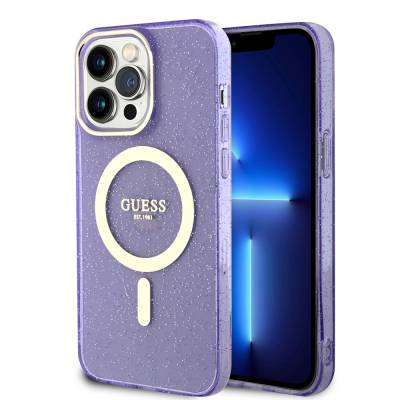Apple iPhone 14 Pro Max Kılıf GUESS M-safe Şarj Özellikli Glitter Kapak - Guess