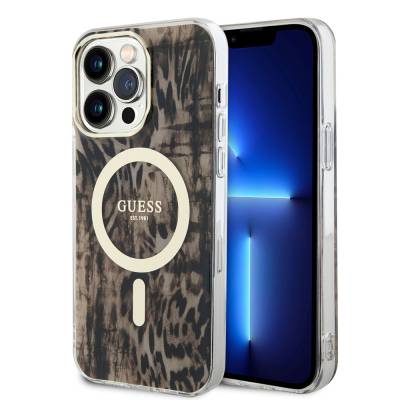 Apple iPhone 14 Pro Max Kılıf GUESS M-safe Şarj Özellikli Leopar Desenli Kapak - Guess